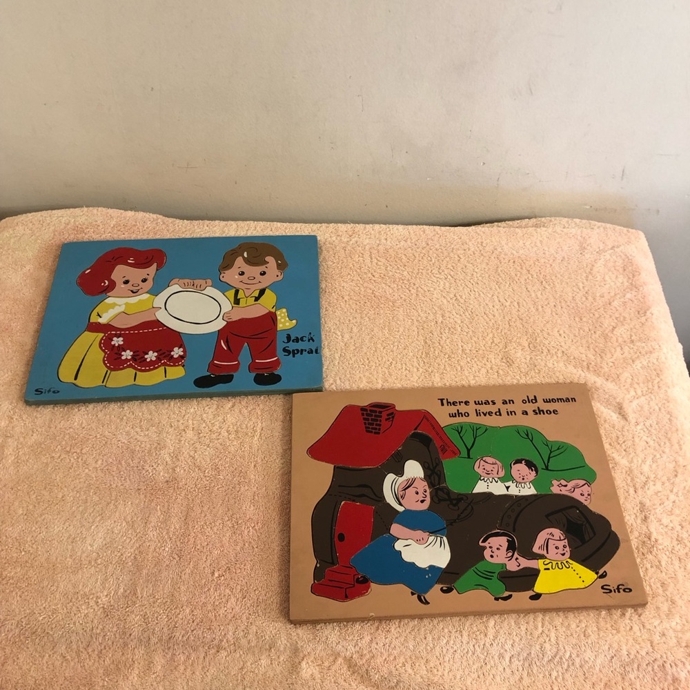Vintage Lot of 2 Sifo Wood Puzzles Jack Sprat & There Was An Old Woman